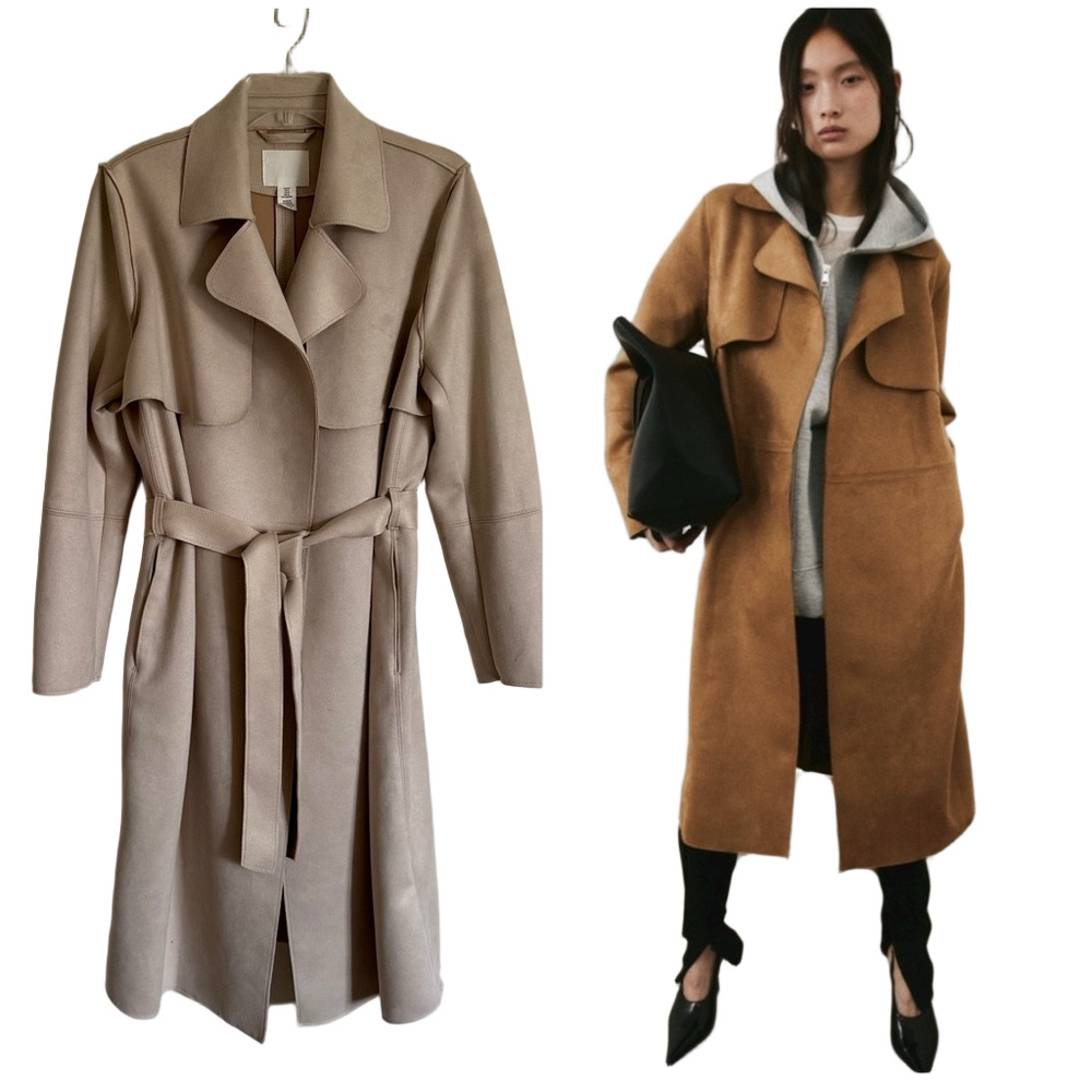 H&M Classic Tan Faux Suede Trench Coat Tie Waist Women's Size Medium